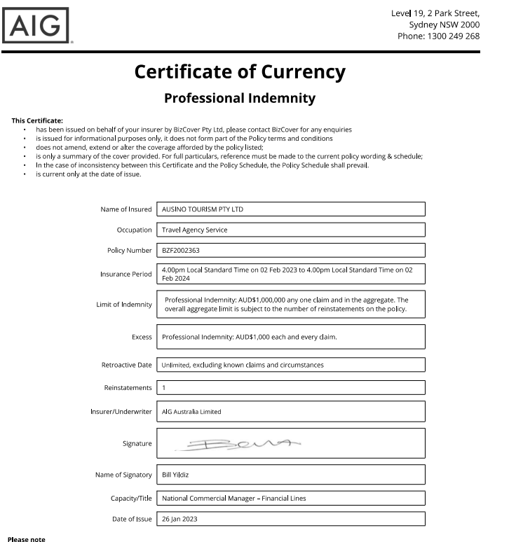 澳大利亚旅行社专业责任险